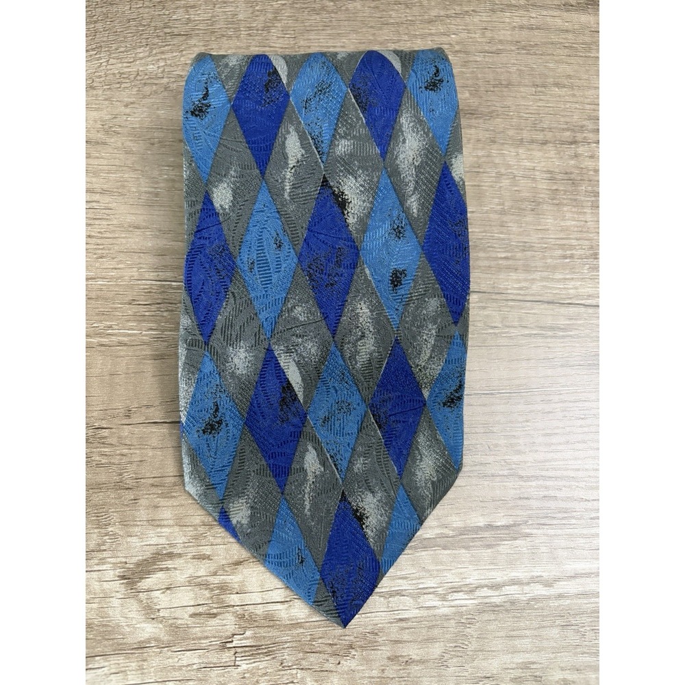 Stefano Milano Tie 100%‎ Silk Geometric Blue Gray Diamond Handmade Italy 58"